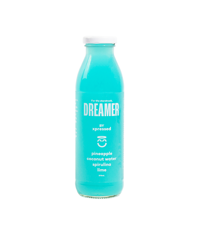 Bottle of Dreamer Cold Pressed Juice with Pineapple, Coconut Water, Blue Spirulina and Lime. 